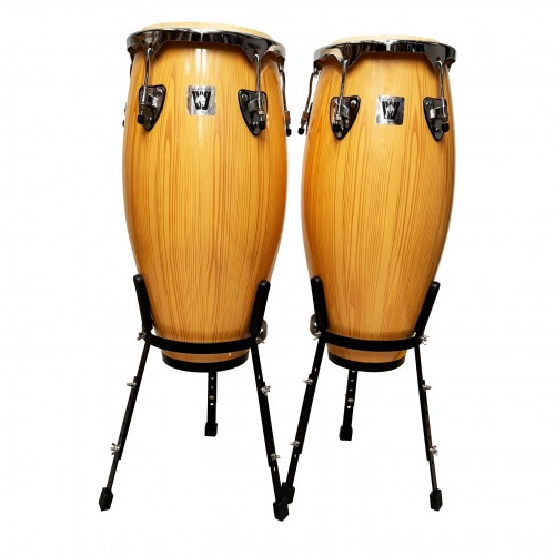 Par de congas de 10 y 11 pulgadas color madera con soporte (Tienda San Diego)
